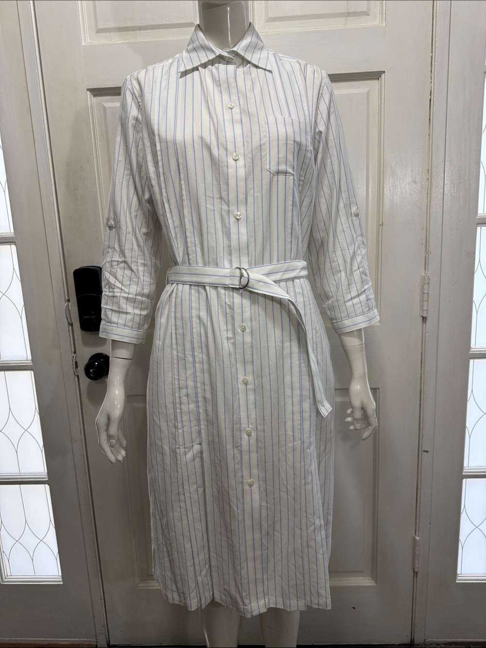 BROOKS BROTHERS 346 Cotton White & Light Blue Striped Shirt Dress with Belt A4
